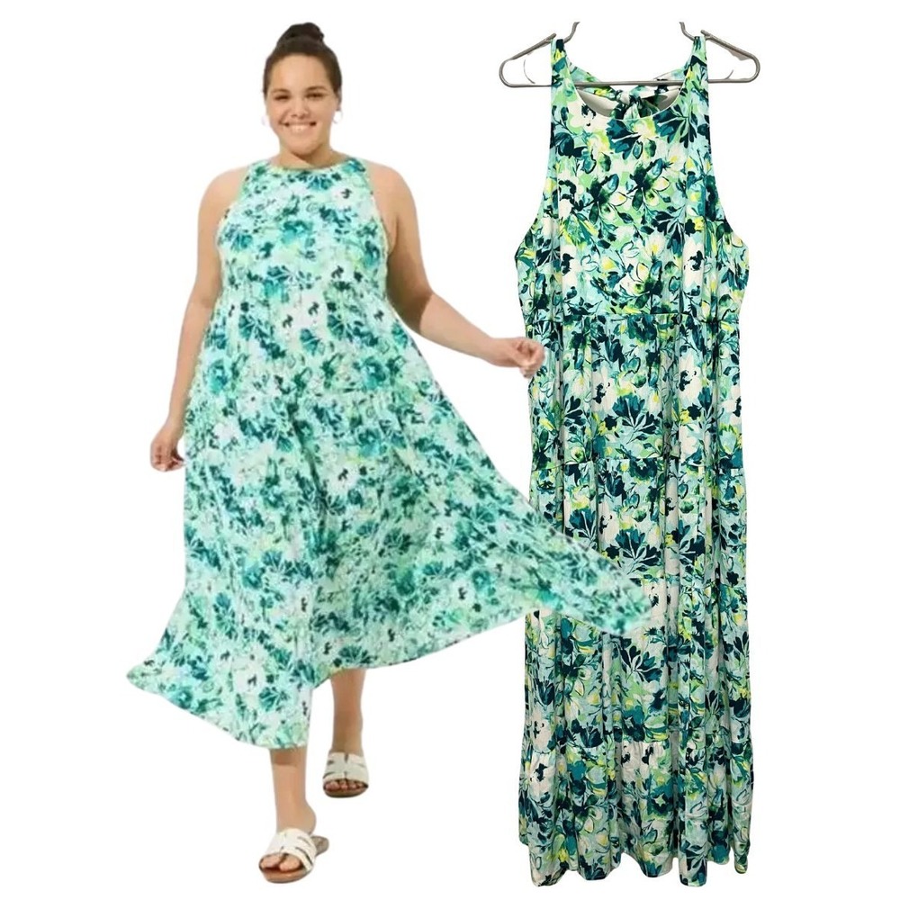 Torrid Size 2 Floral Tiered Maxi Dress Green Blue Tie Back Sleeveless Rayon
